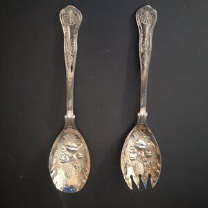 VTG Silver Plated Set of 2 Embossed Salad / Berry Serving Spoons Made in Italy